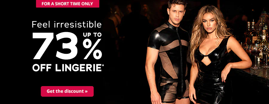 Two models are wearing black lingerie and are standing close together. They are against a dark background. The man with short hair and a bare chest is on the left-hand side of the advertisement. The woman with long hair wearing lace lingerie is on the right-hand side of the advertisement. The words 73% OFF LINGERIE” are displayed in large letters in the centre of the advertisement. The text: “FOR A SHORT TIME ONLY” is at the top and “Get your discount »” is at the bottom.