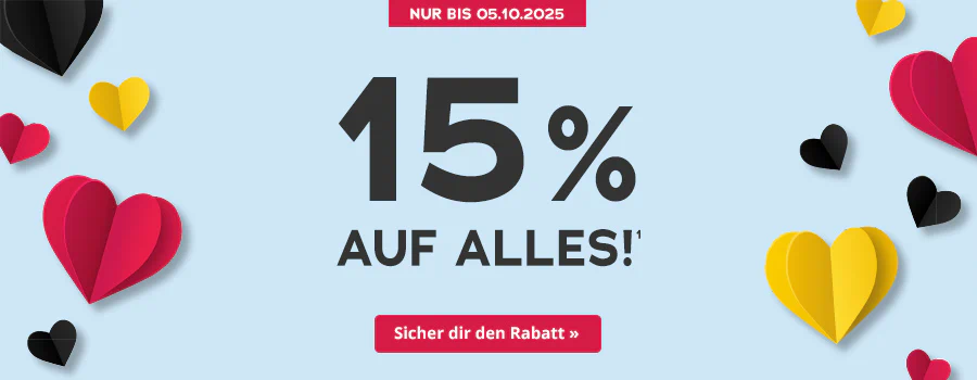 Das Bild zeigt eine Werbeanzeige mit einem hellblauen Hintergrund. Großflächig steht in schwarzer Schrift “15% auf alles!” Drumherum sind Herzen in verschiedenen Größen abgebildet, die vollflächig in schwarz, rot oder gelb eingefärbt sind. Oberhalb der Werbeanzeige steht in einem rotfarbenen Button "Nur bis 05.10.2025". Unterhalb der Werbeanzeige ist ebenfalls ein rotfarbener Button mit der Aufschrift "Sicher dir den Rabatt".