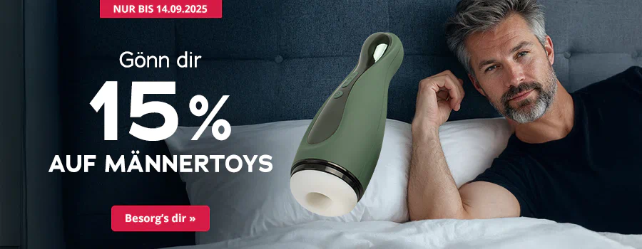 Das Bild zeigt eine Werbeanzeige mit einem Mann, der ein schwarzes T-Shrt trägt, seinen Unterkörper mit einer Decke bedeckt und in einem Bett liegt. Neben ihm ist ein Masturbator abgebildet und großflächig steht "Gönn dir - 15% auf Männertoys". Darunter ist ein rotfarbener Button mit der Aufschrift "Besorg´s dir". Oberhalb der Werbeanzeige ist ein rotfarbener Button mit der Aufschrift "Nur bis 14.09.2025".