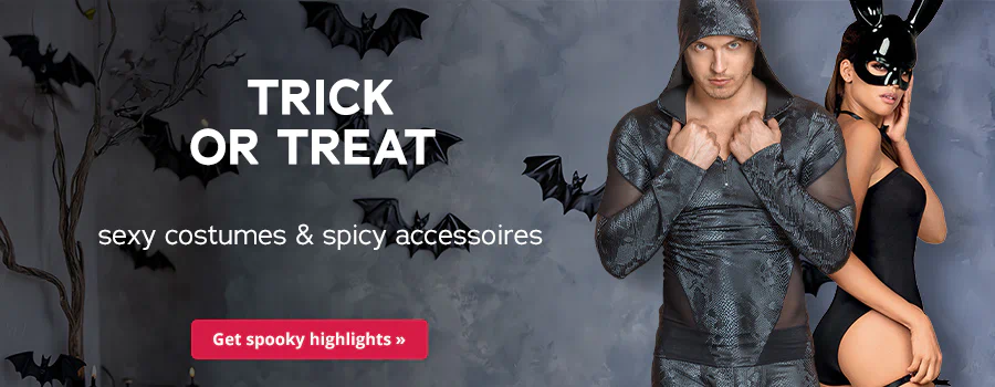 The advertisement has a photo of a woman wearing a costume. She is wearing a black mask with rabbit ears and a black body. She has a black bow around her neck. Several black bats can be seen in the background. The words “Trick or treat” are written in large white letters. The words “Sexy costumes & spicy accessories” are written below this. There is a red button at the bottom with the text “Get spooky highlights”.