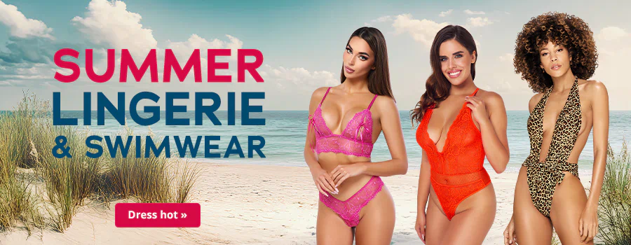 The advertisement has a picture of a beach in the background. It says: “SUMMER LINGERIE & SWIMWEAR” at the top in colourful letters. Three women are can be seen in the foreground. They are wearing 3 different kinds of lingerie and/or swimwear. The woman on the left is wearing pink lace lingerie, the woman in the middle is wearing orange lace lingerie and the woman on the right is wearing swimwear with a leopard print. There is a red banner at the bottom with white text that says: “Dress hot »”.
