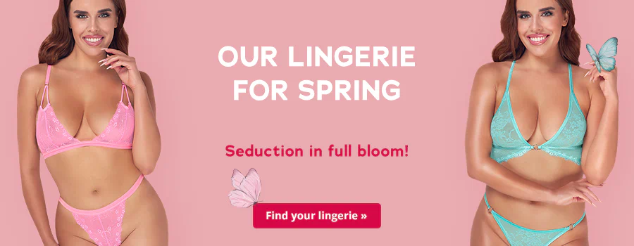 The picture is an advertisement for spring lingerie. The background is pink. It says “Our lingerie for spring” in large white letters. It also says “Seduction in full bloom!” in red letters. The text “To the lingerie »” is on a red banner at the bottom of the advertisement. A model with long brown hair can also been seen. She is wearing a turquoise lingerie set made out of floral lace. A blue and pink butterfly can be seen on the advertisement too.