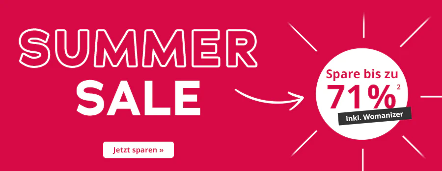 Das Bild zeigt eine Werbeanzeige mit rotem Hintergrund. Großflächig steht in weißer Schrift „SUMMER SALE“. Darunter befindet sich ein weißer Kreis, auf dem mit roter Schrift der Text „Spare bis zu 71%² steht. Darauf ist ein schwarzer Button mit weißer Schrift wo inkl. Womanizer draufsteht. Um den Kreis herum sind symbolhafte weiße Linien, die Sonnenstrahlen darstellen. Ein weißer Pfeil verbindet Text und Grafik miteinander. Unten in der Anzeige befindet sich ein weißer Button mit roter Aufschrift „Jetzt sparen »“.