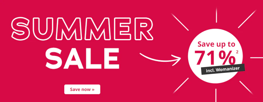 The advertisement has a red background and the text "SUMMER SALE" which is written in large red and white letters. The text "Save up to 71%²" is written below this in red letters. The text is inside a white circle. There is a black banner over the circle with white text that says “incl. Womanizer”. There are white lines all around the circle which are there to represent sunbeams. There is also a white arrow leading from the text to the circle. There is a white banner with red text that says "Save now »"