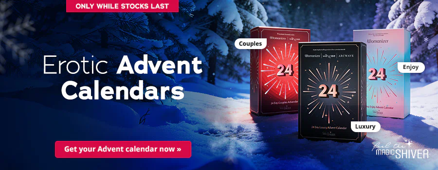 Three Advent calendars in different colours are set against a snow-covered winter landscape. It says “ONLY WHILE STOCKS LAST” at the top and it says “Get your Advent calendar now »” at the bottom. The large text, “Erotic Advent Calendars”, can be seen in the centre of the advertisement.