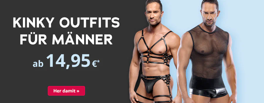 Werbebild für erotische Herren-Outfits aus Leder mit Harness, Preis ab 14,95 €, Button „Her damit“.