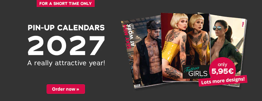 A dark grey advertisement for the PIN-UP CALENDARS 2027 featuring three different designs. It says “A really attractive year!” at the top. There is a red circle at the bottom with “5,95 €” and a red button with the text “Lots more designs »”.