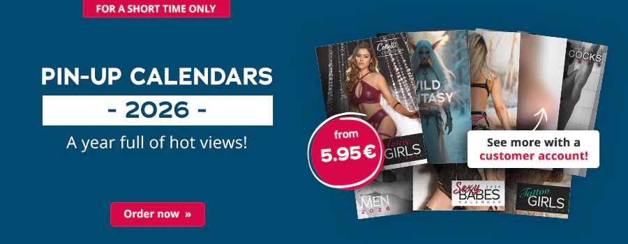 Several pin-up calendars for 2026 with images of women in erotic poses displayed side by side. Text: “For a limited time only – Pin-up Calendar 2026 – A whole year full of charm!” Price: “From 5,95€.” Note: “See more with a customer account!” Button: “Order now »”