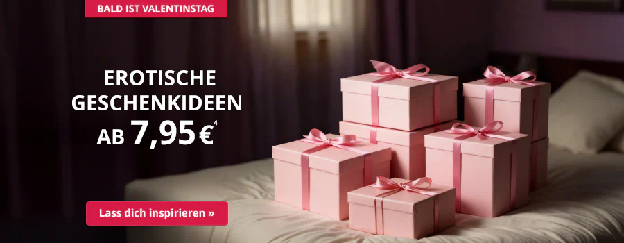 Rosa Geschenkboxen mit Schleifen auf einem Bett, Text: „Erotische Geschenkideen ab 7,95 €“, Button „Lass dich inspirieren“, Hinweis auf Valentinstag.