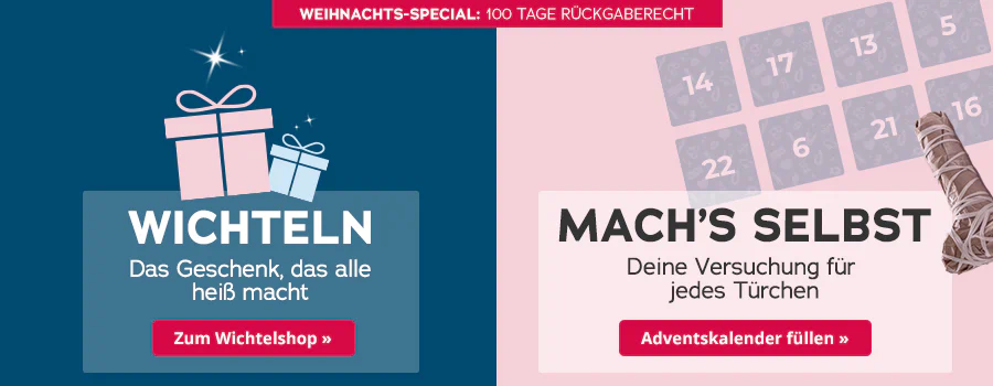 Das Bild zeigt eine zweigeteilte Werbeanzeige. Oben steht auf blauem Hintergrund „Weihnachts-Special: 100 Tage Rückgaberecht“. Darunter sind zwei Geschenksymbole und der Text „Wichteln – Das Geschenk, das alle heiß macht“ mit einem roten Button „Zum Wichtelshop“. Im anderen Bereich steht auf rosafarbenem Hintergrund „Mach´s selbst – deine Versuchung für jedes Türchen“. Rechts daneben liegt ein eingepacktes Toy. Unten befindet sich ein roter Button mit der Aufschrift „Adventskalender füllen“. Im Hintergrund ist ein Adventskalender mit Zahlen angedeutet.