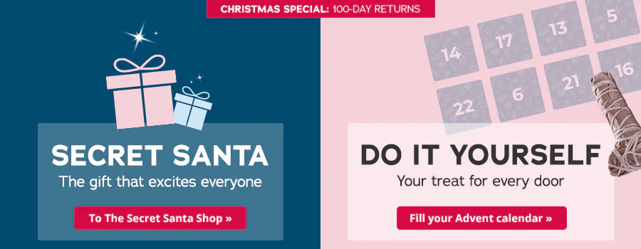 The advertisement is split into two parts. It says “Christmas Special: 100-day returns” at the top on a blue background. There are two gift symbols and the words “Secret Santa – the gift that excites everyone” underneath that. There is also a red button with the words “To The Secret Santa Shop”. The words “Do it yourself: your treat for every door” can be seen in the other section that has a pink background. There is a toy in wrapping paper to the right of this. There is a red button at the bottom with the words “Fill your Advent calendar”. An Advent calendar with numbers is implied in the background.