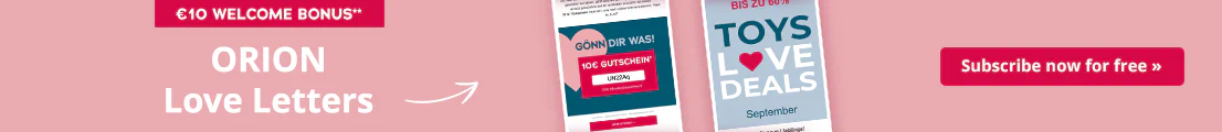 Pink advertisement with the text ‘€10 welcome bonus*’ on a red background at the top. Below this, ‘ORION love letters’ in white lettering and ‘Our 3 newsletters’ in red lettering, accompanied by a red arrow pointing to three newsletter designs shown. The designs contain slogans such as ‘Treat yourself!’, ‘Toys Love Deals’ and ‘Do it yourself’. On the right is a red call-to-action button with the text ‘Subscribe now for free >>’.