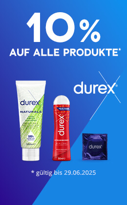 Das Bild zeigt eine Werbeanzeige mit einem blauen Hintergrund. Es steht groß in weißer Schrift: „10 % auf alle Produkte*“. Es sind drei Produkte der Marke „Durex“ abgebildet: zwei Tuben Gleitgel, und ein Kondompäckchen. Das Durex-Logo ist ebenfalls zu sehen. Unten befindet sich ein rotfarbener Button mit weißer Aufschrift: „Zu Durex »“.