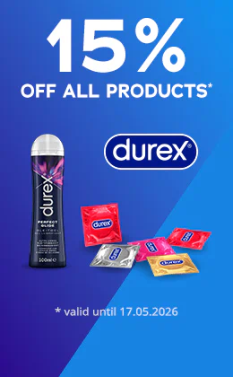 The image shows an advertisement with a blue background. The words "15% off all products" are printed in large white letters. The products shown are from the brand "Durex".