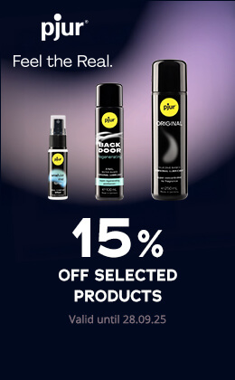 The advertisement has a dark background. Products from the "pjur" label are displayed in the centre of the image. The text: "15% off selected products" and "valid until 28.09.25" is written in large white letters. The pjur logo and the slogan "Feel the Real" in white letters can also be seen. At the bottom is a red button with the words "Save now »".