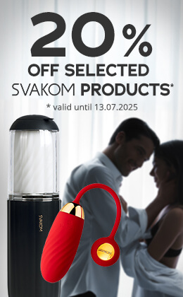 The advertisement has the text “20 % off selected SVAKOM products” written in large black letters. It also says: “* valid until 13.07.2025” below this in small grey letters. Two products from the SVAKOM label are shown in the foreground. One is a black masturbator with a transparent lid and the other one is a red bullet vibrator with gold-coloured accents. A couple can be seen standing very closely and intimately in the background. There is also a red banner with white text that says: “Get the discount”.