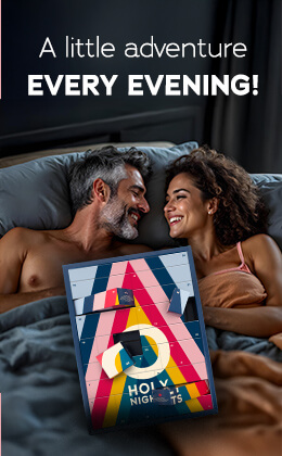 The advertisement is showing a topless man lying arm in arm with a woman wearing a light-coloured top. The two are looking at each other and smiling. The Advent calendar with a colourful design and the text "HOLY NIGHTS" is prominently displayed. "A little adventure every evening!" is written in white letters.