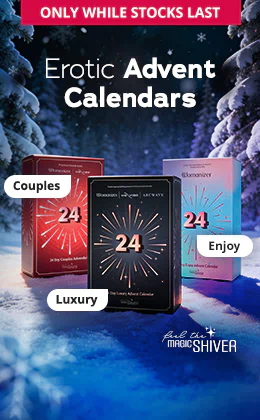 Three Advent calendars in different colours are set against a snow-covered winter landscape. It says “ONLY WHILE STOCKS LAST” at the top and it says “Order now »” at the bottom. The large text, “Erotic Advent Calendars”, can be seen in the centre of the advertisement.