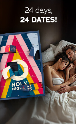 The advertisement is showing a topless man and woman lying in bed, arm in arm, with their eyes closed. The Advent calendar with a colourful design and the words "HOLY NIGHTS" is prominently displayed. "24 days, 24 dates!" is written in white letters.