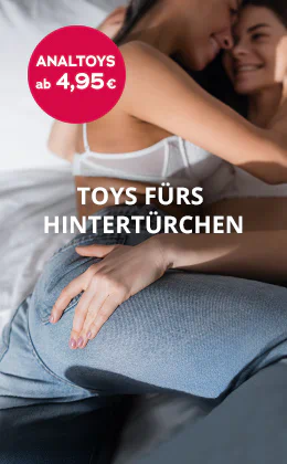 Zwei Frauen liegen aufeinander auf einem Bett und lächeln sich an. Eine der beiden legt ihre Hand auf den Po der anderen. Großflächig steht "Toys fürs Hintertürchen". In einem roten Störer steht der Text "Analtoys ab 4,95€" und unterhalb ein roter Button mit der Aufschrift "Zu den Analtoys"