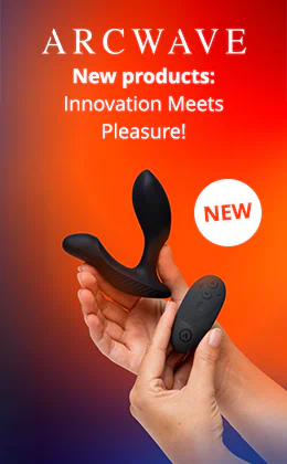 Two hands are holding a black Arcwave masturbator and a remote control in front of an orange and blue ombré background. The words “ARCWAVE”, “New Products:” and “Innovation meets Pleasure!” can be seen at the top. There is a white circle next to the product with the word “NEW” written on it.