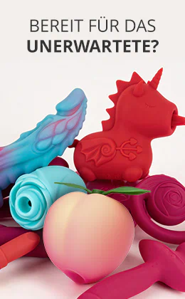 Ein rotes, einhornförmiges Sextoy steht zwischen weiteren bunten Toys in Rosa, Blau und Lila sowie einem hellen Pfirsich-Toy. Oben steht in schwarzen Großbuchstaben: „BEREIT FÜR DAS UNERWARTETE?“ Unten auf einem roten Button der Text: Einzigartige Sextoys entdecken“.