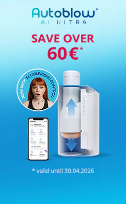 A white and blue masturbator is shown against a blue background. The “Autoblow” logo is prominently displayed. Below it is the red text “SAVE OVER €60” and “Valid until 30.04.2026”. Next to it is a circular photo of a surprised woman using a mobile app, accompanied by the text “NOW WITH AI GIRLFRIEND CONTROL”. At the bottom is a red button with the white text: “Get your discount »”.