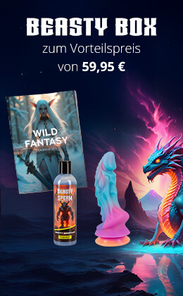Das Bild zeigt eine Werbeanzeige mit einem dunklen Hintergrund. Großflächig steht in weißer Schrift „BEASTY BOX zum Vorteilspreis von 59,95 €“. Rechts daneben sind drei Produkte abgebildet: ein Pin-up Kalender „WILD FANTASY“, ein Gleitgel mit der Aufschrift „BEASTY SPERM“ und ein Sextoy in Pastellfarben. Rechts im Hintergrund ist ein großer, farbenprächtiger Drache dargestellt, der blaue und rote Schuppen hat. Unten im Bild befindet sich ein rotfarbener Button mit weißer Schrift: „Jetzt schnell sein »“.