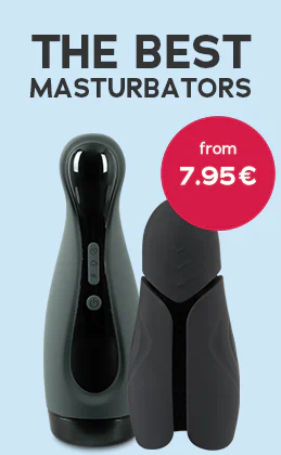 Two masturbators on a blue background, text: “The best masturbators from 7.95 €” and red button “Get some inspiration”.
