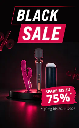 Black Sale: Es sind drei Toys abgebildet. Ein roter Vibrator, lila Massagestab und schwarzer Masturbator. „Spare bis zu 75%“. Button: „Jetzt Rabatt sichern »“