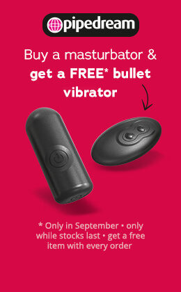 The advertisement has a red background. It says “Buy a masturbator & get a free bullet vibrator!” in large white letters. It says “*Only in September – only while stocks last – get a free item with every order” below that in white letters. There is also a large image of the black bullet vibrator and the remote control. A black arrow connects the text to the toy. The “pipedream” brand is also shown with its logo.