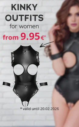 Advertisement for kinky women's faux leather outfits, price from €9.95, valid until 20.02.2026.