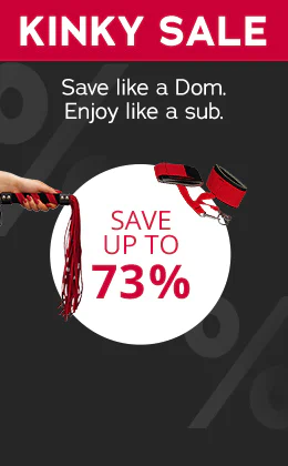 A dark grey advertisement has a red "KINKY SALE" banner, the text “Save like a Dom. Enjoy like a sub.” and a white circle with the text “SAVE UP TO 73%” on it. Black and red bondage accessories and a hand holding a red flogger can also be seen on the advertisement. There is also a button at the bottom with the text “Hardcore savings »”.