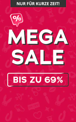 Werbebanner mit rotem Hintergrund, weißer Aufschrift „MEGA SALE“, Hinweis „Nur für kurze Zeit!“, „Bis zu 69%“ Rabatt und Rabatt-Symbol. Unterhalb Button: Jetzt zuschlagen.