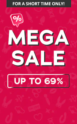Advertising banner with red background, white text “MEGA SALE”, note “For a limited time only!”, “Up to 69%” discount and a discount icon. Below the button: Act now.