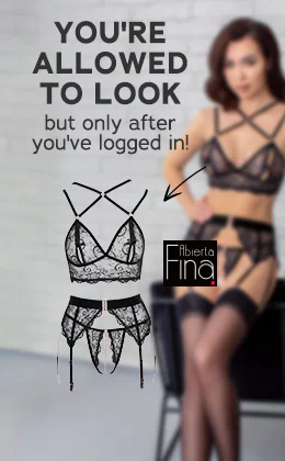 The advertisement has a light background. It says “LOOKING'S ALLOWED – but only after you've logged in” in black letters. There is a picture of a woman wearing black lace lingerie. The image is blurred. The same lingerie set is shown on its own (without the model) next to the woman. A black arrow goes from the model wearing the lingerie to the lingerie set. There is a red banner with white text that says: “Register now »”.