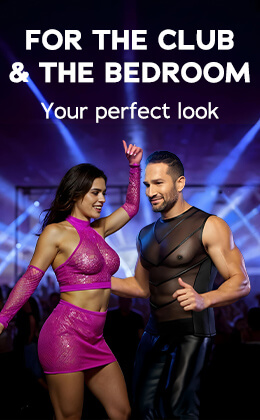 The advertisment has a background that is in a club style where people are partying. It is dark and outlines of people and spotlights can be seen. There is a man and a woman in the foreground dancing next to each other. The woman is wearing a pink top with a matching mini skirt and fishnet arm gauntlets. The man is wearing a tight-fitting black shirt with shiny elegant matte look material and powernet inserts. He is also wearing long dark trousers. The words: “For the club & the bedroom – Your perfect look” are written in large white letters. There is a red banner at the bottom of the advertisement with the text “I want it”.