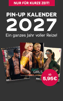 Dunkelgraue Werbeanzeige für den PIN-UP KALENDER 2027 mit drei verschiedenen Motiven. Oben steht „NUR FÜR KURZE ZEIT!“, darunter „Ein ganzes Jahr voller Reize!“. In einem roten Kreis steht "ab 5,95 €“; unten steht „Viele weitere Motive hier »“.
