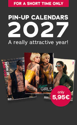A dark grey advertisement for the PIN-UP CALENDARS 2027 featuring three different designs. It says “FOR A SHORT TIME ONLY!" at the top. The text: "A really attractive year!" can be seen underneath that. There is a red circle with “5,95 €”. There is also some text at the bottom that says “Lots more designs »”.