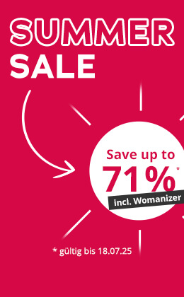 The advertisement has a red background and the text "SUMMER SALE" which is written in large red and white letters. The text "Save up to 71%²" is written below this in red letters. The text is inside a white circle. There is a black banner over the circle with white text that says “incl. Womanizer”. There are white lines all around the circle which are there to represent sunbeams. There is also a white arrow leading from the text to the circle. There is a white banner with red text that says "Save now »"