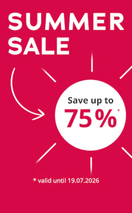 Graphic with a red background and the text 'Summer Sale'. An arrow points to a white circle with the text: 'Save up to 75%'. Small print: 'valid until 19.07.2026'.
