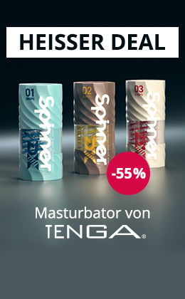 Das Bild zeigt eine Werbeanzeige für TENGA Spinner Masturbatoren mit drei Modellen auf dunklem Hintergrund, dazu ist ein roter Störer mit -55% abgebildet und einem großen Schriftzug "Heisser Deal" in schwarz auf weißen Hintergrund. Unter dem Bild befindet sich ein roter CTA mit dem Schriftzug "Jetzt Sparen »"