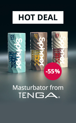The image shows an advert for TENGA Spinner masturbators with three models on a dark background, plus a red jammer with a -55% and large lettering saying ‘Hot Deal’ in black on a white background. Below the image is a red CTA with the words ‘Save now »’