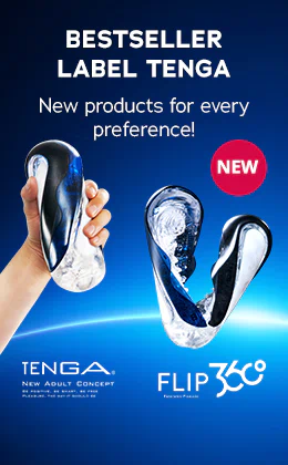 Banner for the TENGA brand on a dark blue background. A hand holds a transparent blue masturbator, with two additional views of the product “FLIP 360°” shown beside it. On the left it says “Bestseller label” and “New products for every preference!”, on the right a pink circle reads “NEW”.