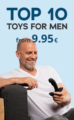 Advertisement with text "TOP 10 Men’s Toys from 9.95 €", a man in a white shirt holding a black sex toy; red button below reads "Get some inspiration".
