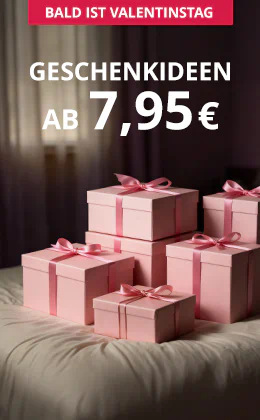 Rosa Geschenkboxen mit Schleifen auf einem Bett, Text: „Erotische Geschenkideen ab 7,95 €“, Button „Lass dich inspirieren“, Hinweis auf Valentinstag.
