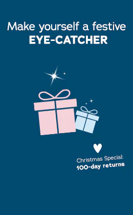 The advertisement has the words “Christmas Special: 100-day returns” at the top on a red background. It says “Make yourself a festive eye-catcher” underneath that on a blue background. There are two gifts next to the text. The words “Find your Secret Santa gift” can be seen below that on a red button.