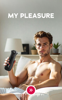 The advertisement has a picture of a topless man sitting on a light-coloured armchair. He is wearing white shorts. He is holding a black “PDX” masturbator in his right hand. “MY PLEASURE” is written in large white letters. A light-coloured chest of drawers can be seen in the background. There is a lamp and plants on it.