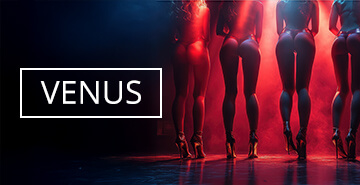 Vier Frauen in roten Dessous und High Heels stehen nebeneinander auf einer Bühne, von hinten im Scheinwerferlicht gesehen. Links der Schriftzug 'VENUS' im weißen Rahmen.