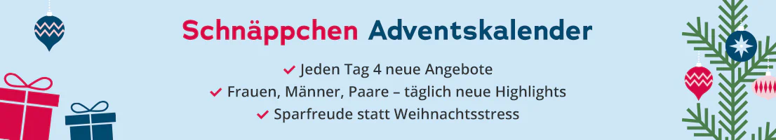 Hellblauer Banner mit Schriftzug „Schnäppchen Adventskalender“, Weihnachtsbaum, Geschenken und beweglichen Schneeflocken Highlights: Info was einen erwartet: -Jeden Tag 4 neue Angebote - Für Frauen, Männer und Paare - Sparfreude statt Weihnachtsstress